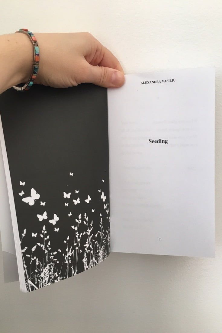 a hand holding an open book in front of a white wall with butterflies on it