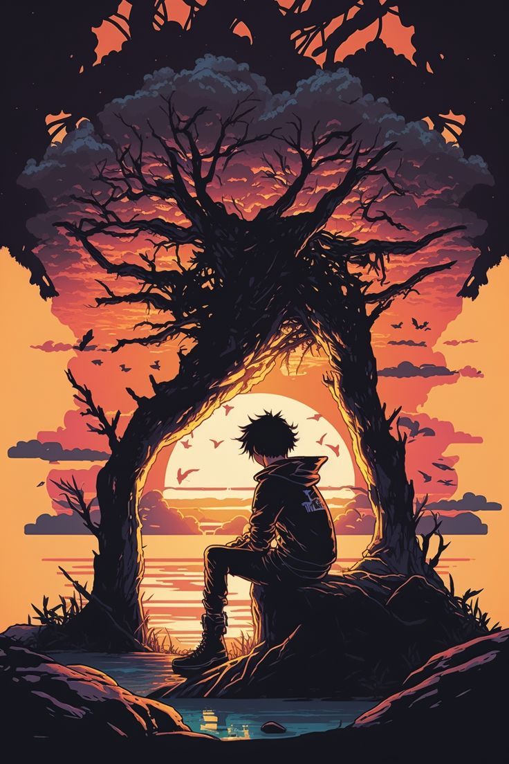 Mobile Cover Gold Anime Wallpaper, Anime Sunset Wallpaper, Draw Sunset, Anime Sunset, Orange Anime, Anime Drawings For Beginners, Gold Drawing, Inspiration Wallpaper, Dragon Ball Painting