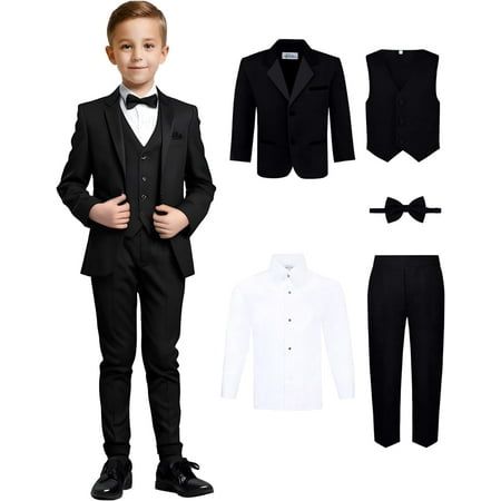 The transformation from toddler to gentleman is easy with this handsome toddler's tuxedo set. Complete with a single-breasted notch lapel jacket with satin accents and a matching pair of tuxedo trousers, a classic pleated white tuxedo shirt, and a color-coordinating satin-finish vest and pre-tied adjustable bow tie, it features almost everything required for a finished formal look. Whether you choose the clean and uninterrupted style of a pure white tuxedo and accessories, or the contrast of bla Toddler Tuxedo, Kid Tuxedo, Bow Tie Suit, Vest And Bow Tie, Boys Tuxedo, Formal Vest, Formal Tuxedo, Aesthetic Galaxy, Mens Suit Vest