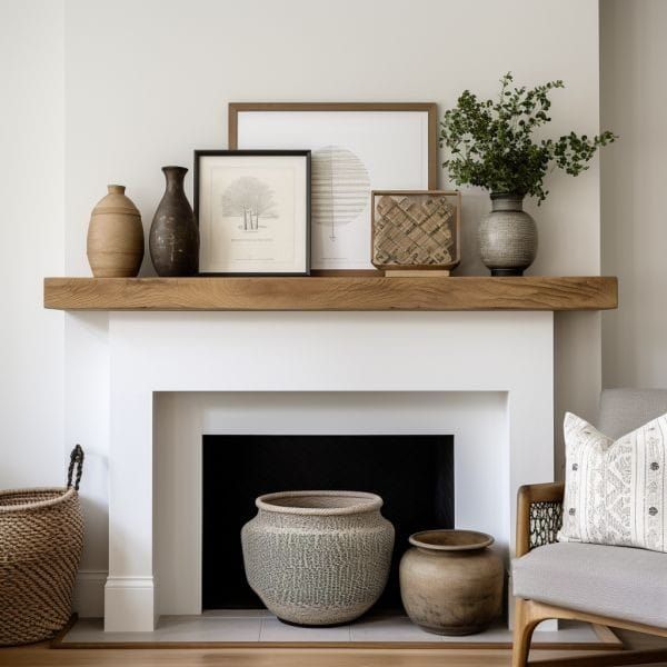 a living room with a fire place and vases on top of the mantel