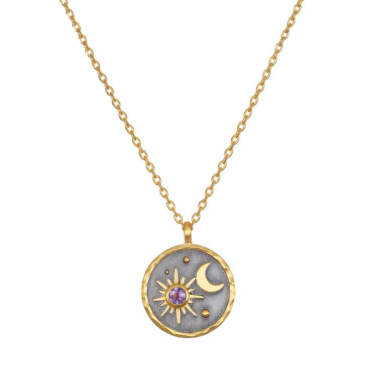 Celestial Birthstone Necklace - February – Satya Online Satya Jewelry, Sun And Moon Necklace, Space Cadet, Turquoise Accents, Celestial Jewelry, Gold Star, February Birth Stone, Moon Necklace, June Birth Stone