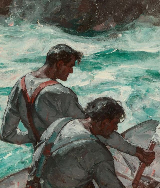 a painting of two people on a boat in the water, one holding onto another person's arm