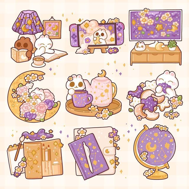 an assortment of items that are purple and gold