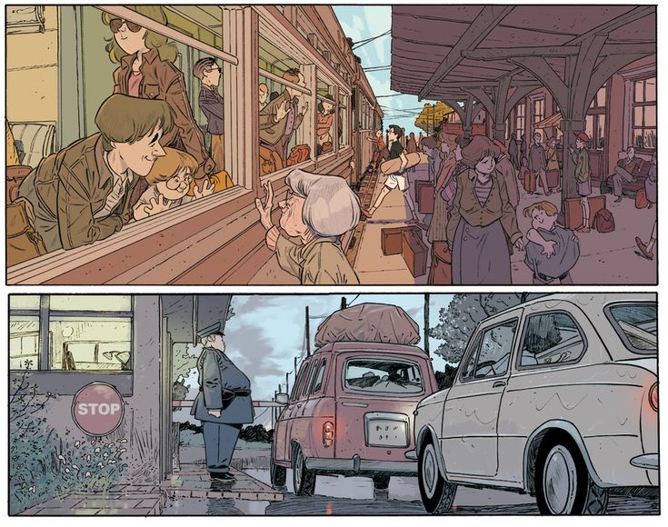 an image of two comics with people in the background and cars parked on the street