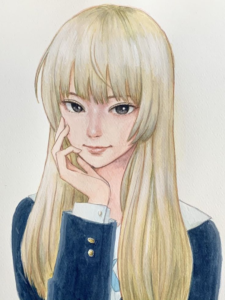 a drawing of a girl with long blonde hair wearing a blue dress and holding her hand to her face