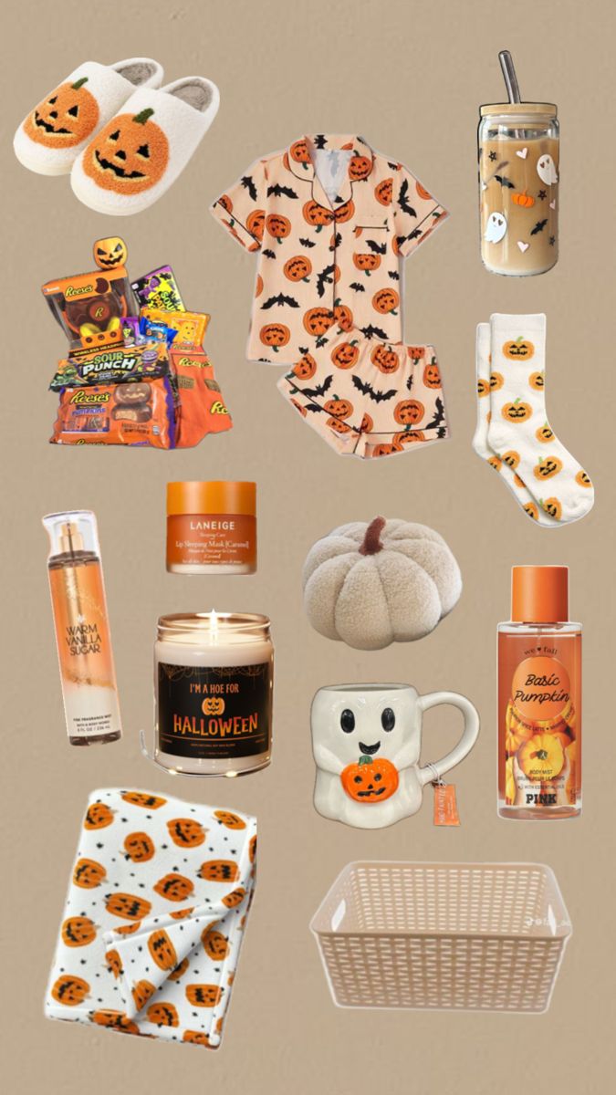 an assortment of halloween items are arranged on a beige background