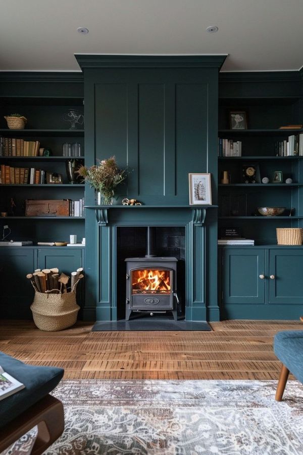 a living room filled with furniture and a fire place in the middle of it's fireplace