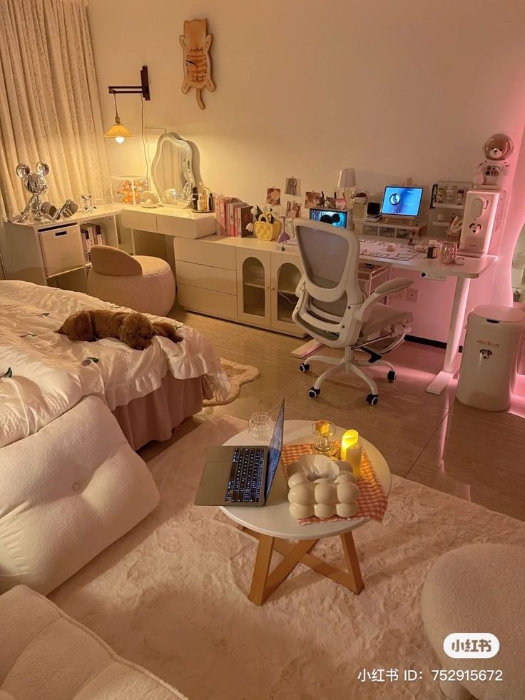 a bedroom with white furniture and pink lighting