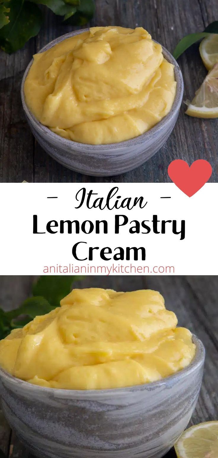 two bowls filled with lemon pastry cream on top of a wooden table