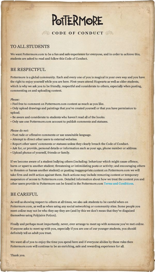 an old paper with writing on it that says pottermore code of conduct and instructions