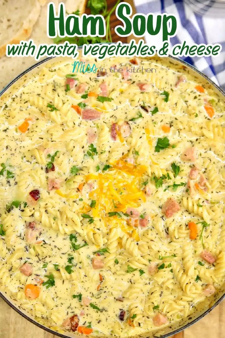 ham soup with pasta, vegetables and cheese in a skillet