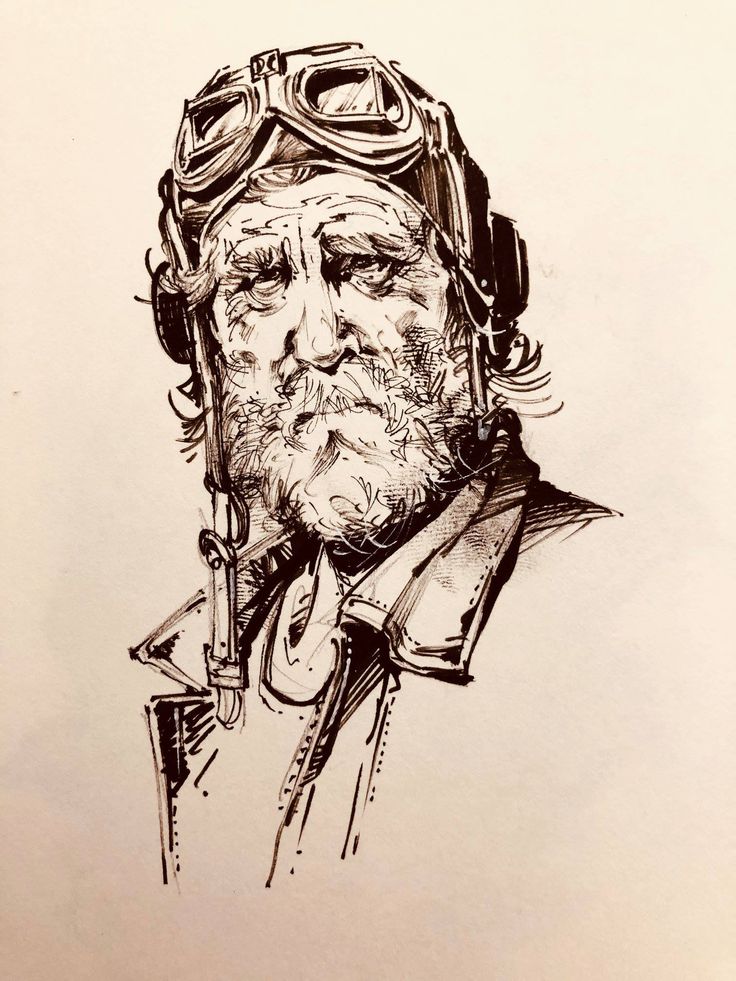 an ink drawing of a man with goggles on his head and beard wearing a pilot's hat