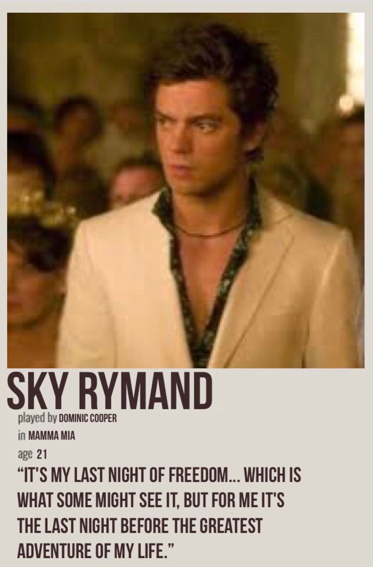 a man in a white suit and black shirt with an ad for skyy ryan