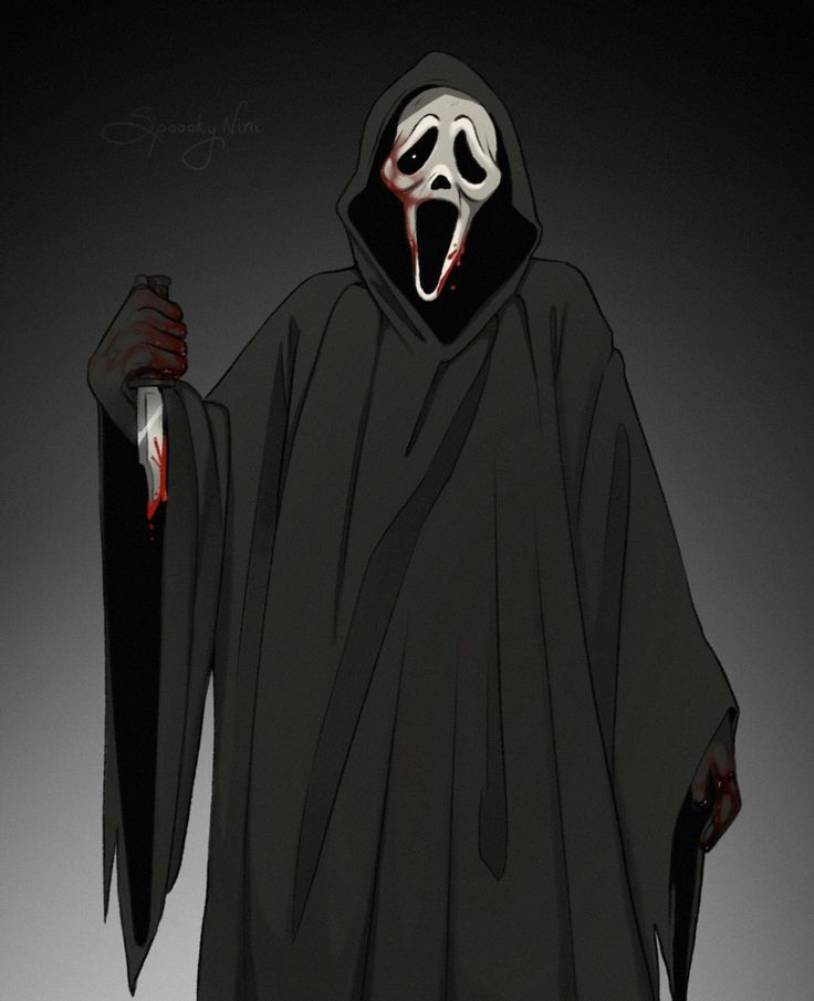 a person in a black robe holding a knife and wearing a ghost mask with its mouth open