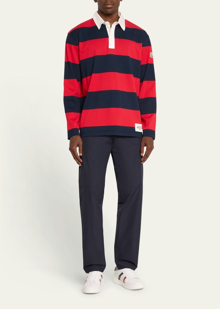 Find MONCLER Striped Rugby Polo Shirt on Editorialist. Moncler polo shirt in block stripes Point collar; concealed half placket Long sleeves Hip logo patch Oversized fit Pullover style Nylon/polyamide/cashmere Unlined Machine wash cold Imported Fits For Guys, Old School Fashion, Logo Pants, Rugby Polo, Fits Inspo, Mens Stripes, Straight Trousers, Twill Pants, Pleated Pants