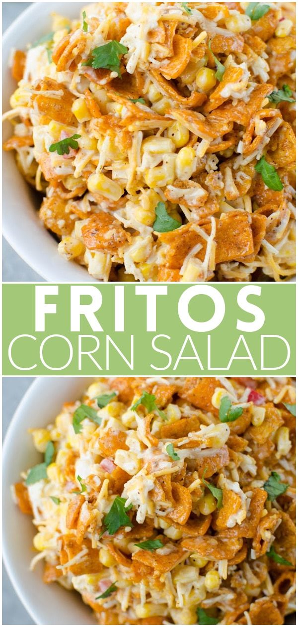 two pictures with the words fritos corn salad on them