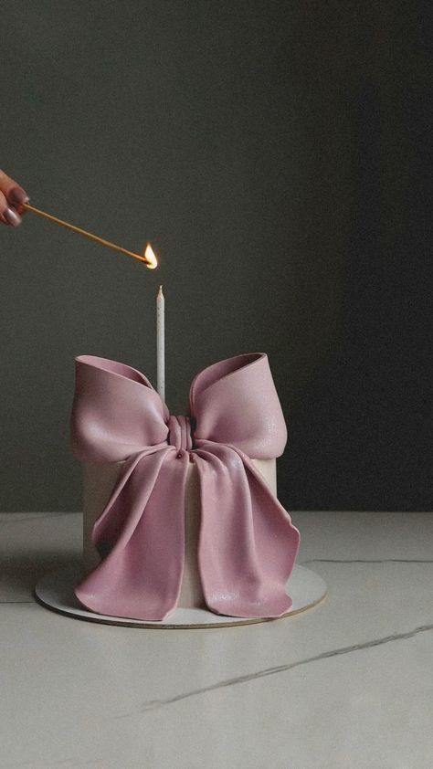 a person lighting a candle on top of a pink bow shaped cake with a stick sticking out of it