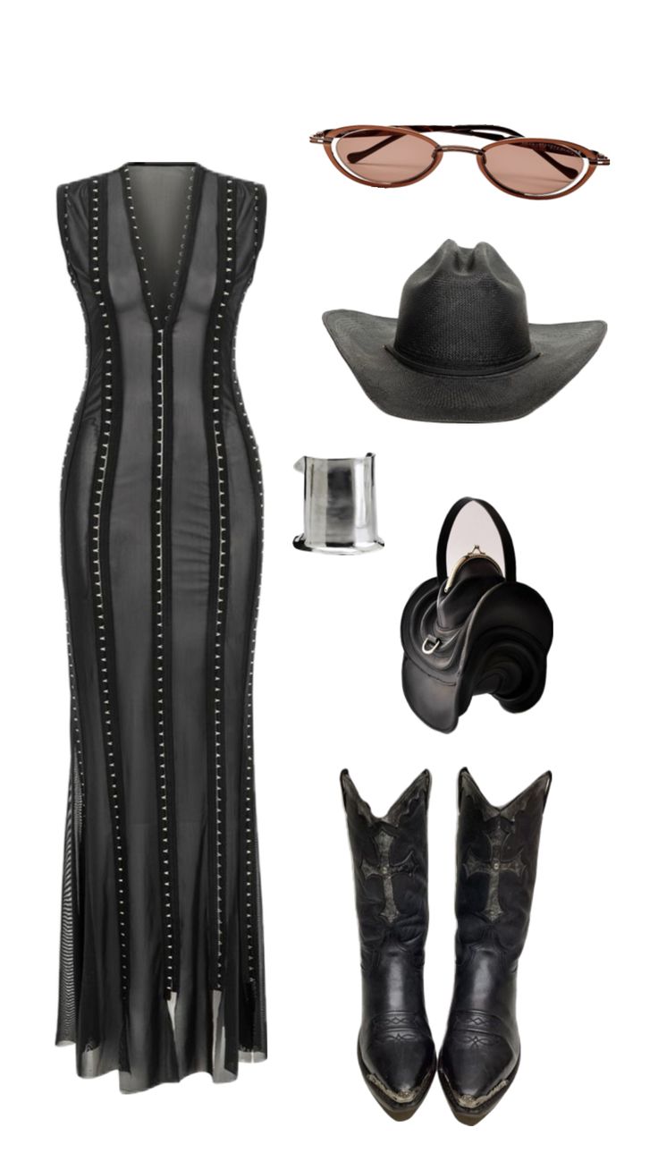 Vegas Nfr Outfits, Bohemian Chic Black Women, How To Dress Up Cowboy Boots For Women, Aesthetic Eras Tour Outfits, Dressy Casual Fall Outfits For Women, Vegas Rodeo Outfit Ideas, Black Cowboy Hat Outfit Woman, Dj Concert Outfit, Black Cowboy Boots Outfit Fall