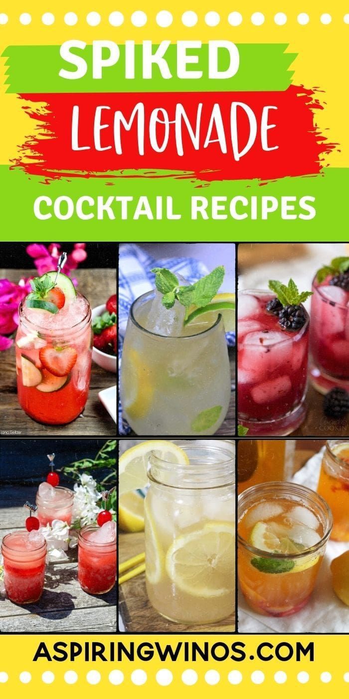 a collage of lemonade cocktails and drinks with the words, spiked lemonade cocktail