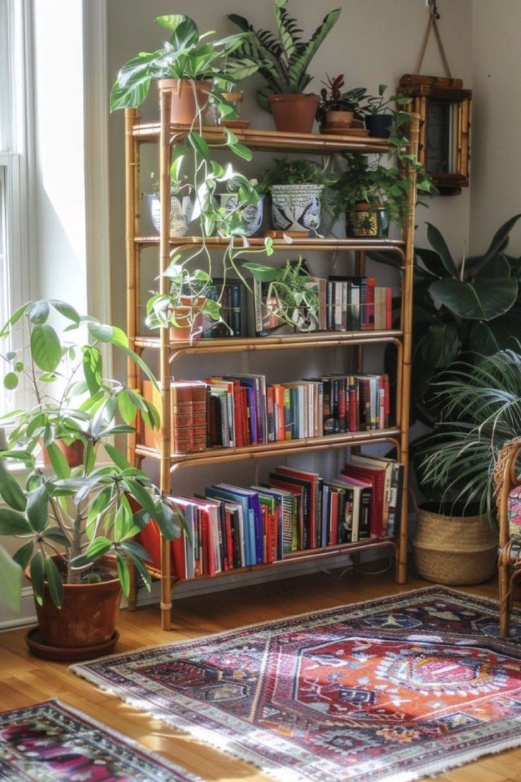 a living room filled with lots of plants and books