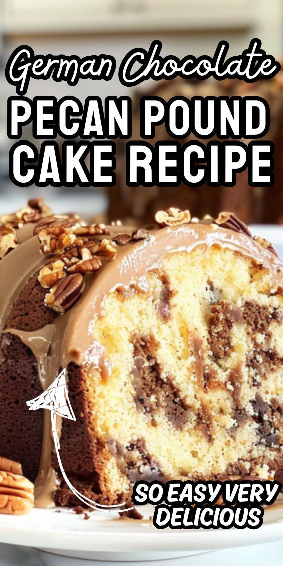 a piece of german chocolate pecan pound cake on a white plate with the words, german chocolate pecan pound cake recipe so easy very delicious