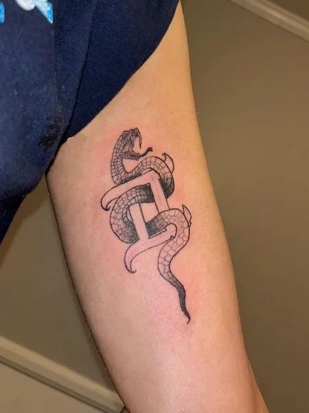 a snake and cross tattoo on the arm