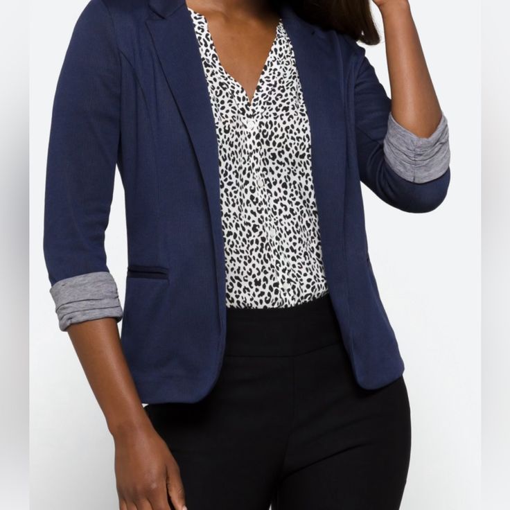 52% Polyester 48% Rayon Versatile Blazer Can Be Paired With Slacks Or A Skirt For The Office, Or Jeans And A Tee For Happy Hour With Friends. Sold Print, Unlined And Ruched Sleeve Brand New Fall Blue Blazer For Office Wear, Chic Fitted Navy Blazer, Blue Blazer For Office Wear In Fall, Blue Casual Blazer For Business Casual, Chic Stretch Blue Outerwear, Casual Blue Office Blazer, Casual Stretch Blazer For Fall, Casual Office Blazer With Stretch, Trendy Blue Business Casual Blazer