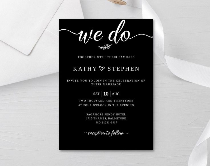 a black and white wedding card with the word we do on it