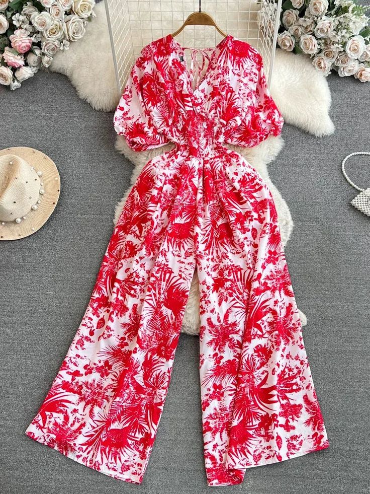 Floral Print V-Neck Long Sleeve Jumpsuit