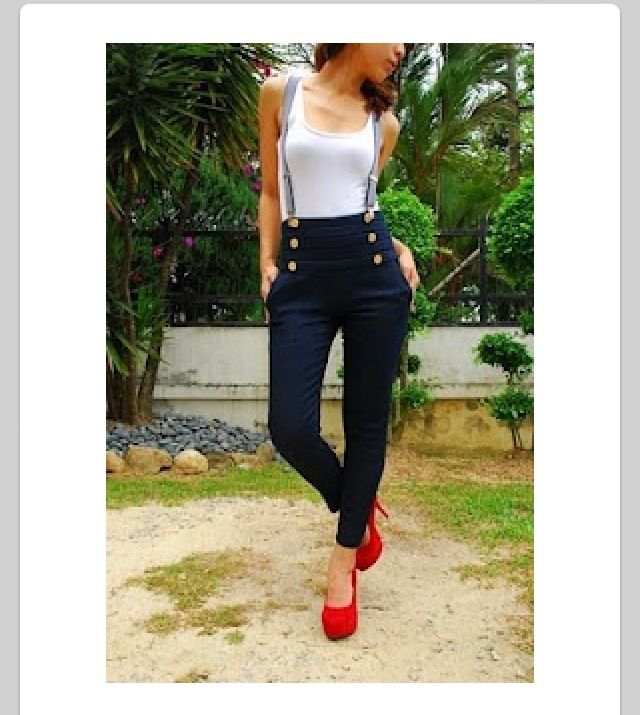 White tank top, black high waisted nautical skinny jeans with grey suspenders, red heels Suspenders Outfit Women, How To Wear Suspenders, Wonder Wardrobe, Suspenders Outfit, Girls In Suspenders, Rockabilly Outfits, Suspenders For Women, Lady Fashion, High Waist Fashion