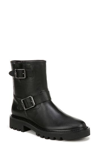 Decorative buckle straps and a treaded lug sole give a moto-inspired kick to this leather bootie. 1 1/4" heel 6" shaft Pull-on style Leather upper/synthetic lining and sole Imported Calf Leather Ankle Boots With Buckle Closure, Edgy Ankle-high Moto Boots For Work, Ankle-high Moto Boots With Buckle For Work, Fall Calf Leather Moto Boots With Buckle, Ankle-high Moto Boots With Buckle Closure For Workwear, Fall Calf Leather Moto Boots With Reinforced Heel, Calf Leather Moto Boots With Lug Sole, Leather Moto Boots With Buckle For Work, Fall Moto Ankle Boots With Buckle Closure