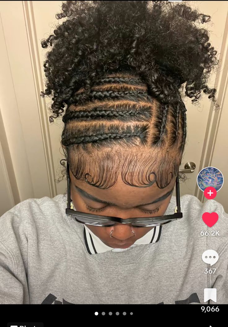 Cornrow Puff Hairstyles For Black Women, Braided To The Scalp Hairstyles Natural Hair, Natrual Black Girls Hairstyles Braid, Cornrow In Two Puffs, Cornrows With Puff Natural Hair, Natural Short Braided Hairstyles, Long Lasting Natural Hairstyles, Braid Styles On Natural Hair, Natural Hairstyles For Black Women With Braids