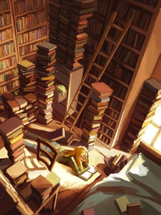 a room filled with lots of books next to a bed covered in blankets and pillows