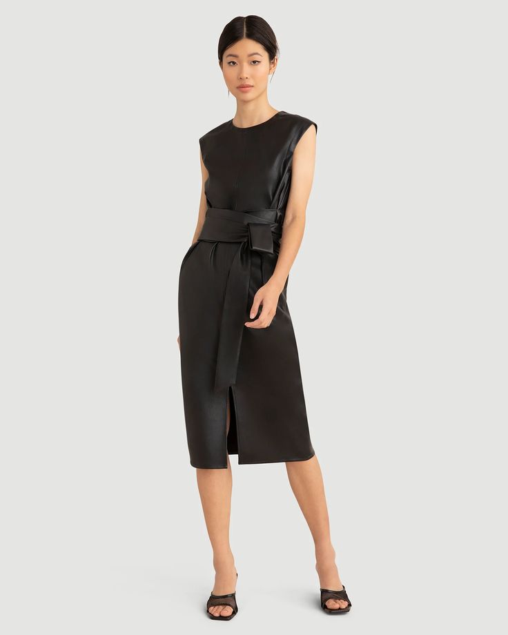 Pilar Vegan Leather Tie-Front Dress Chic Structured Midi Dress For Party, Sleek Leather Dress For Work, Sleek Leather Dresses For Workwear, Elegant Knee-length Leather Midi Dress, Sleek Leather Workwear Dress, Elegant Leather Midi Dress, Chic Leather Midi Dress For Workwear, Elegant Leather Midi Dress For Date Night, Chic Leather Workwear Dress