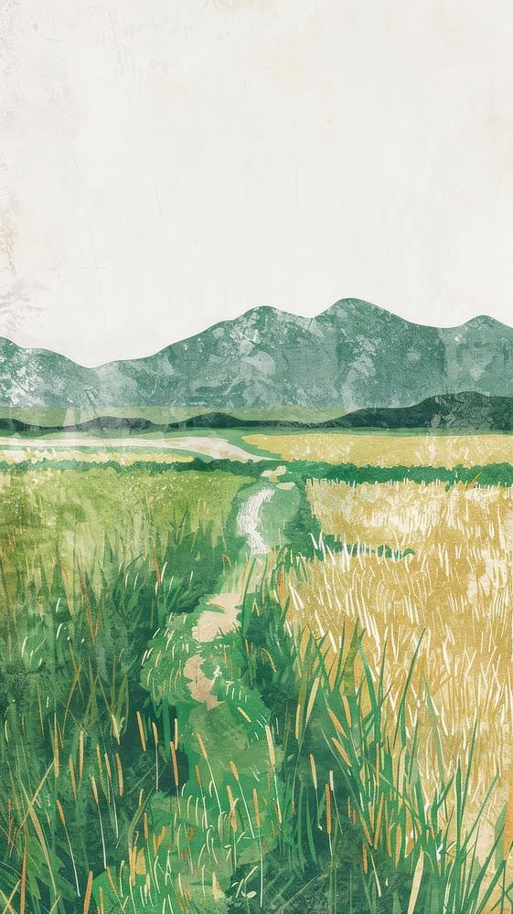 a painting of a field with mountains in the back ground and green grass on either side