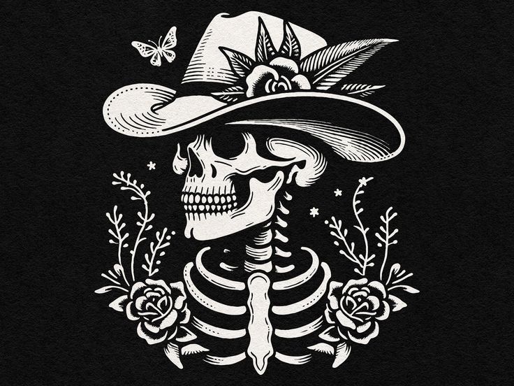 a skeleton wearing a cowboy hat and holding a knife in it's hand with roses