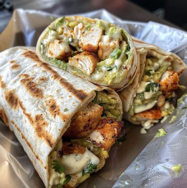 there is a wrap with chicken and vegetables on it