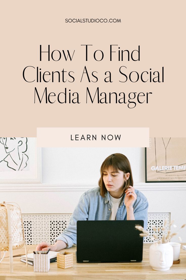 a woman sitting at a table with a laptop and phone in front of her, text reads how to find client as a social media manager learn now