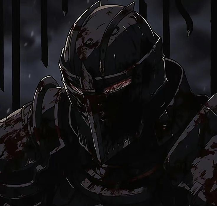 a man in armor with blood on his face and chest, standing against a dark background