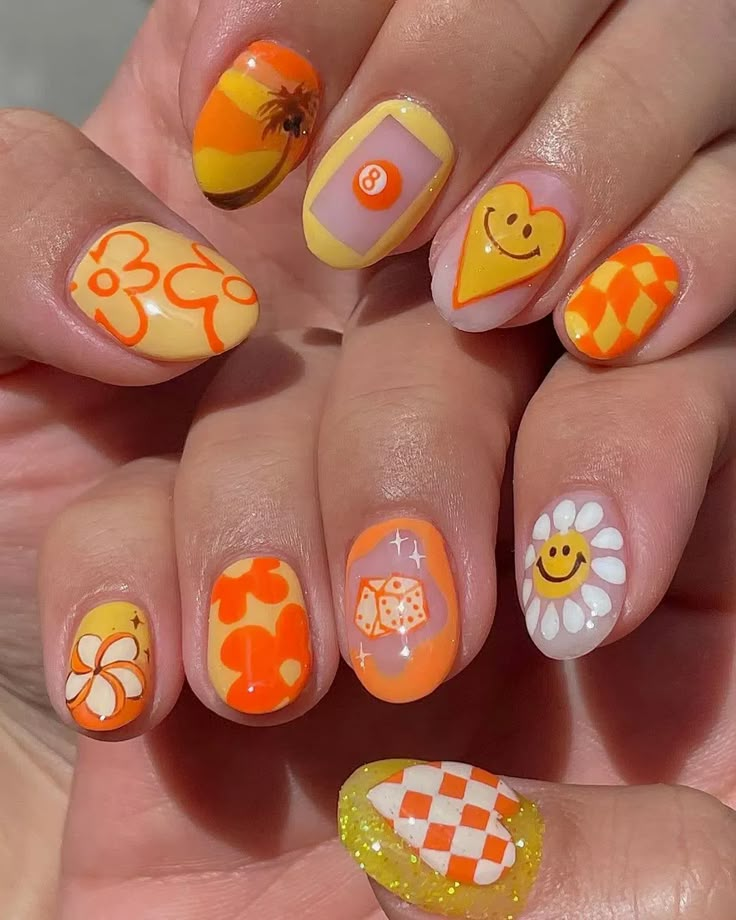 60 Best Summer Nail Color Trends to Copy - HowLifeStyles Best Summer Nail Color, Nail Design Glitter, Retro Nails, Hippie Nails, Happy Nails, Cute Nail Art Designs, Nail Art Inspo, Cute Gel Nails, Cat Nails