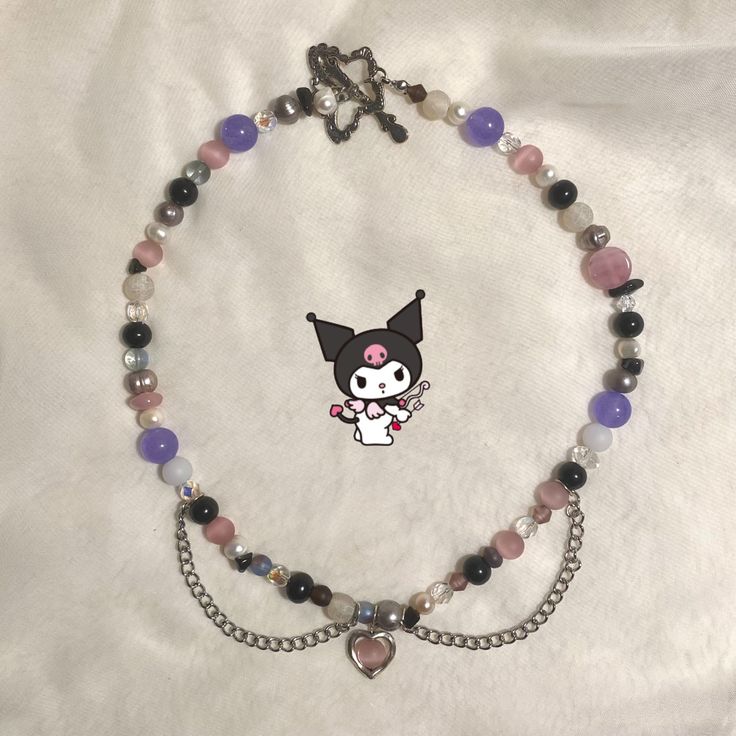 Kuromi Clay Bead Bracelet, Sanrio Jewelry Diy, Sanrio Inspired Bracelet, Sanrio Jewelry, Hello Kitty Beaded Necklace, Kuromi Inspired Bracelet, Sanrio Necklace, Kuromi Necklace, Kuromi Beaded Necklace