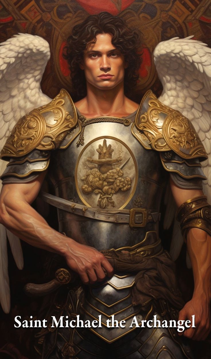 a painting of a man in armor with wings on his shoulders and the words saint michael the archangel above him