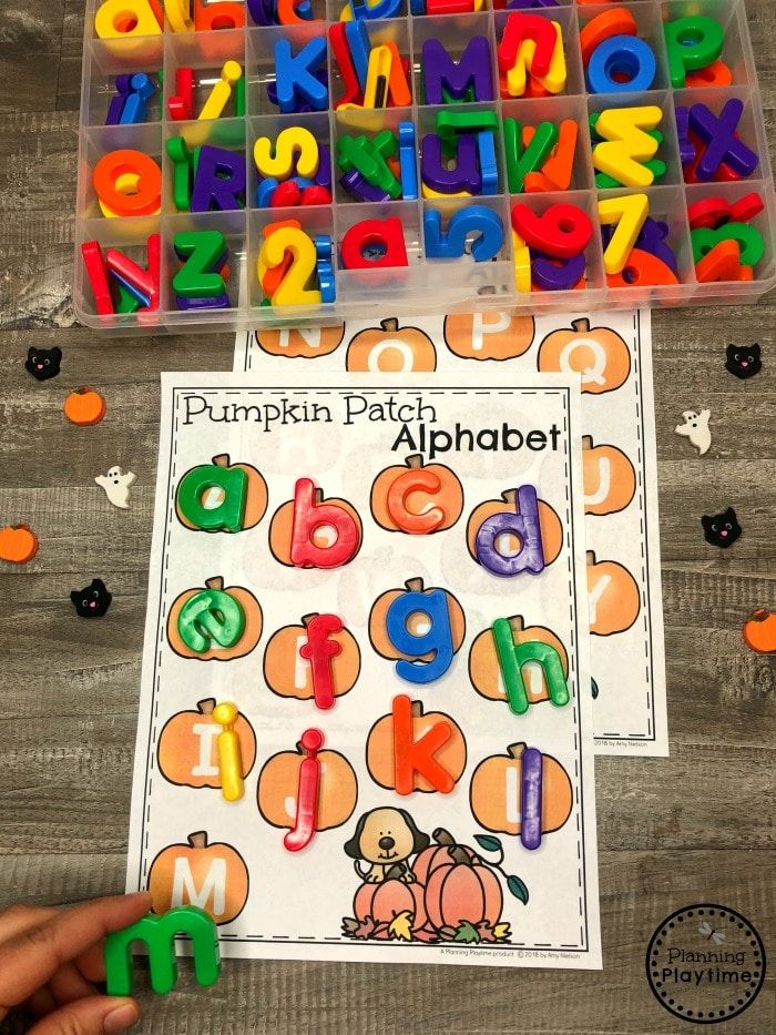 the pumpkin patch alphabet game is ready to be played by children with letters and numbers