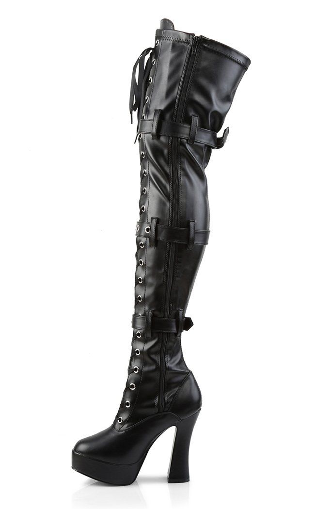 ELECTRA-3028 Black Strapped Thigh High Boots-Pleaser-Tragic Beautiful Edgy Fitted Boots For Cosplay, Gothic Fitted Platform Boots, Edgy Faux Leather Knee-high Boots For Club, Black High Cut Leather Knee-high Boots, Fitted Punk Style Platform Boots, Black Leather High Cut Knee-high Boots, Gothic Knee-high Platform Boots For Club, Punk Thigh-high Platform Boots For Party, Thigh-high Platform Boots For Streetwear