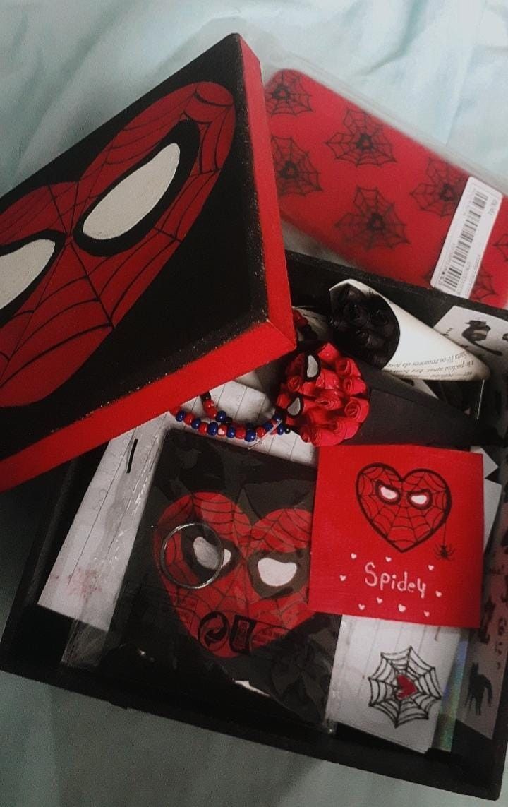 the box is decorated with spiderman masks