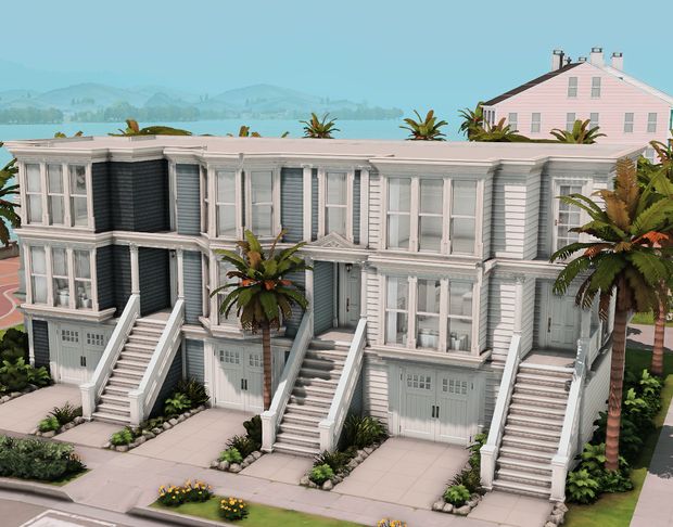 this is an artist's rendering of a two story building with palm trees in front