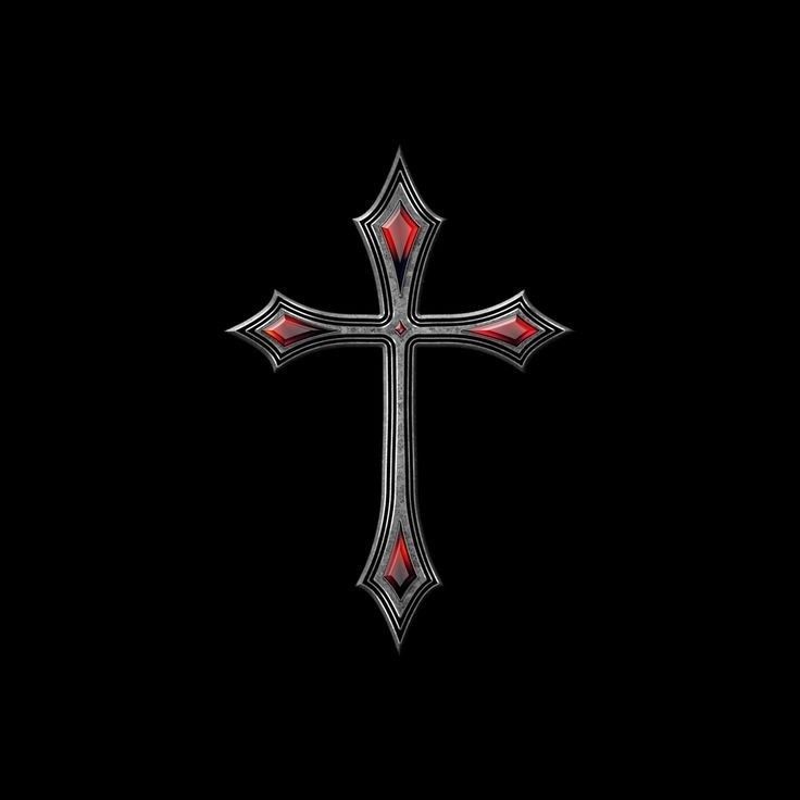 a cross on a black background with red accents