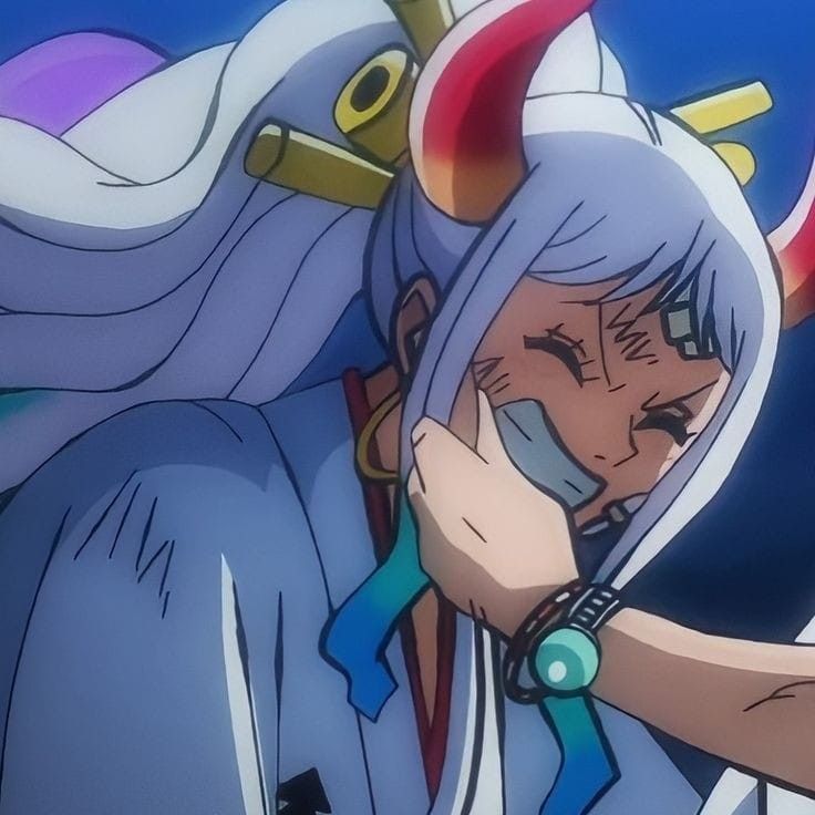 an anime character with long hair and horns on her head, holding his hand to his face