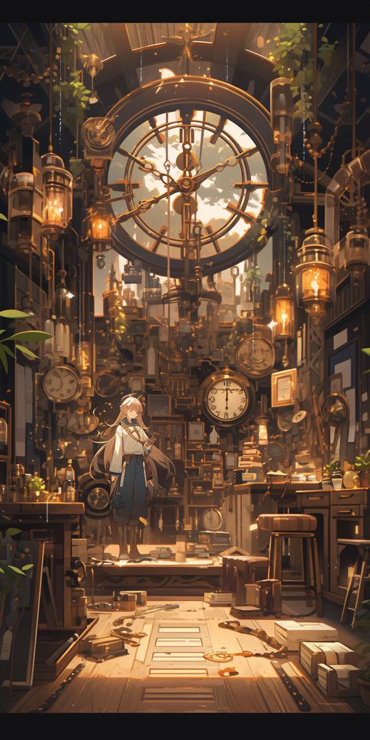 a woman standing in the middle of a room filled with clocks