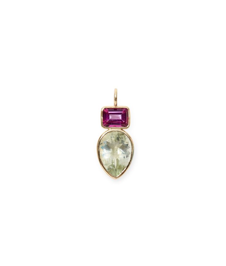 Pink Topaz & Green Amethyst Teardrop 14k Gold Necklace Charm. Faceted pink topaz baguette and green amethyst teardrop Yellow Gold Drop Gemstone Jewelry, Fine Jewelry Teardrop Gemstones With Accents, Fine Jewelry With Natural Teardrop Gemstones, 14k Gold Teardrop Gemstone Jewelry, Yellow Gold Drop Jewelry With Gemstone Accents, Teardrop Gemstone 14k Gold Jewelry, Fine Jewelry With Green Amethyst And Gemstone Accents, Teardrop 14k Gold Jewelry With Gemstone Accents, 14k Gold Teardrop Jewelry With Gemstone Accents